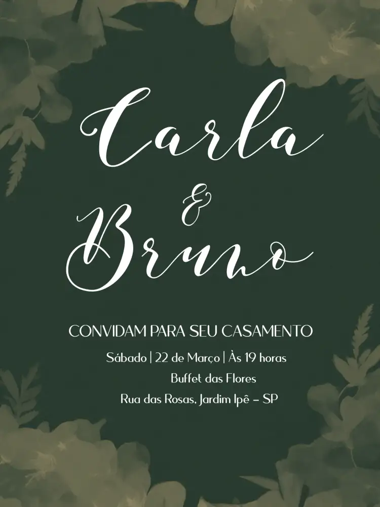 Convite Casamento Folhagem Elegante – tema Casamento folhagem, elegante, verde, branco, moderno, romântico