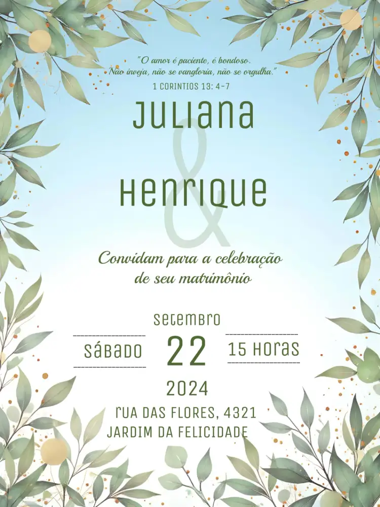 Convite Casamento Folhagem Elegante – tema Casamento folhagem, elegante, romântico, natural, verde, minimalista
