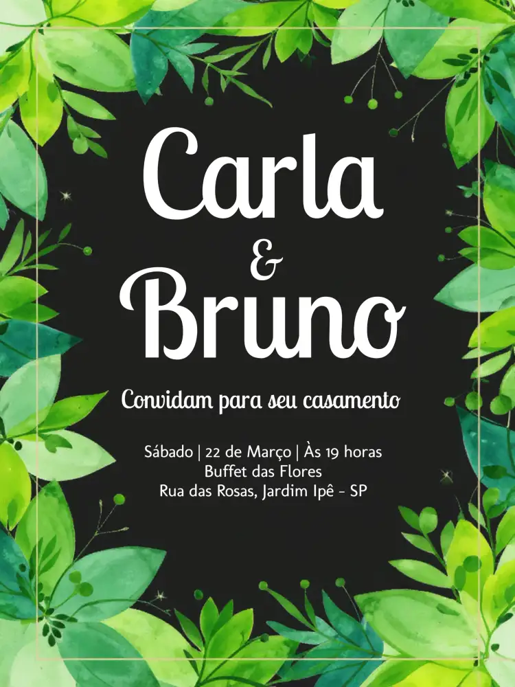 Convite Casamento Folhagem Floral – tema Casamento floral, moderno, verde, natural, elegante