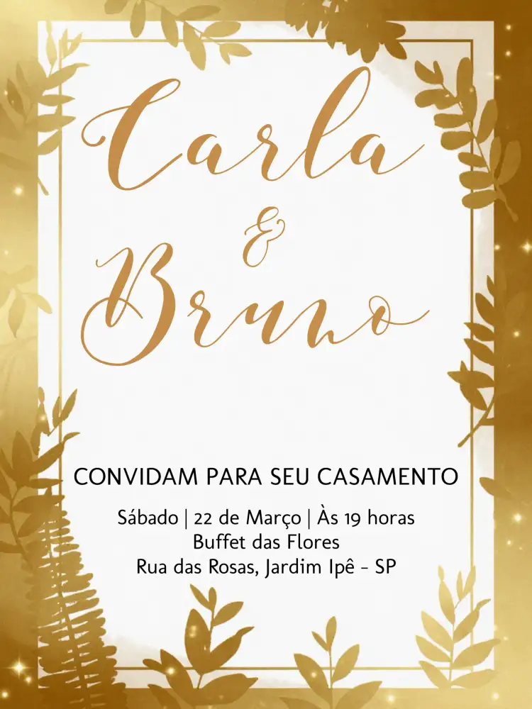 Convite Casamento Folhagem Moderno – tema Casamento modernidade, folhagem, elegância, dourado, minimalista