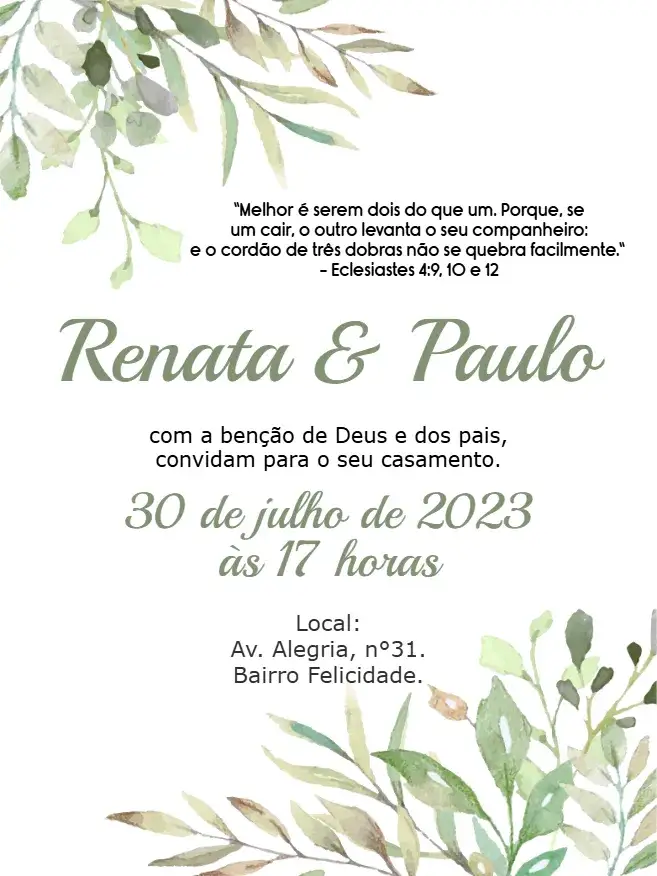 Convite Casamento Folhagem Noivos – tema Casamento folhagem, elegante, dourado, moderno, discreto, natural