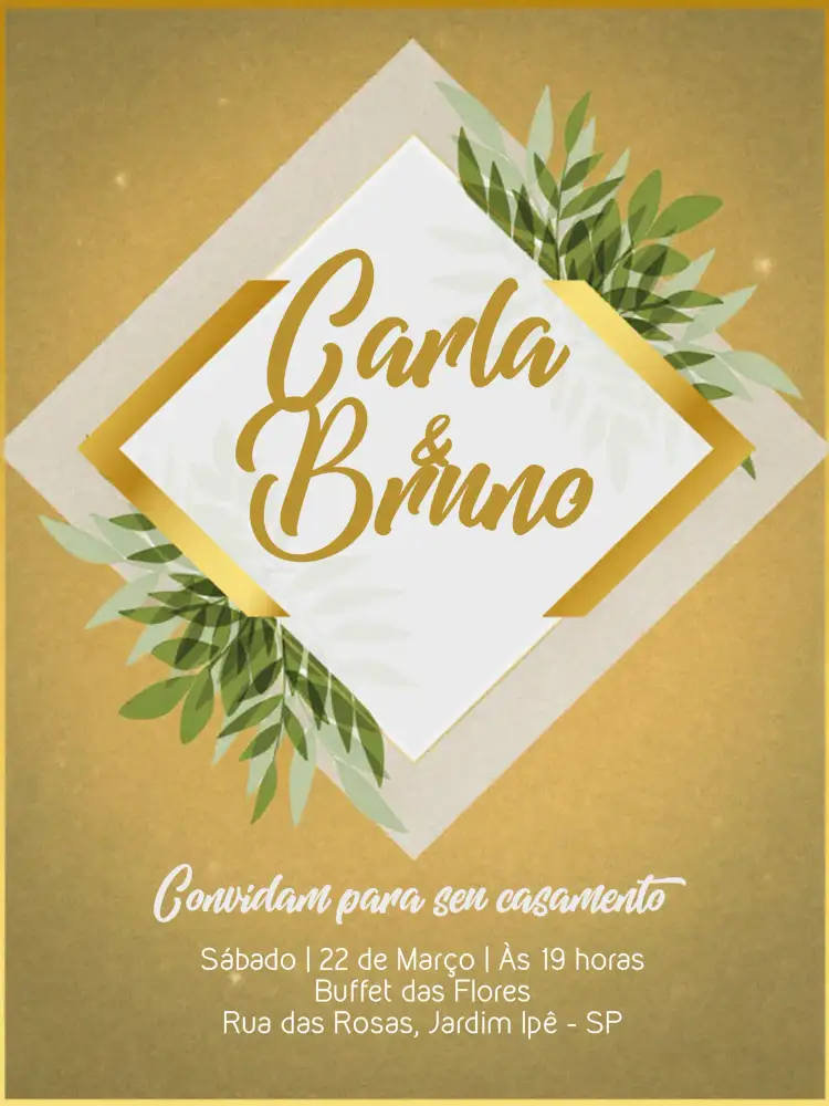 Convite Casamento Folhagem Verde – tema Casamento folhagem, elegante, moderno, dourado, natural, rústico