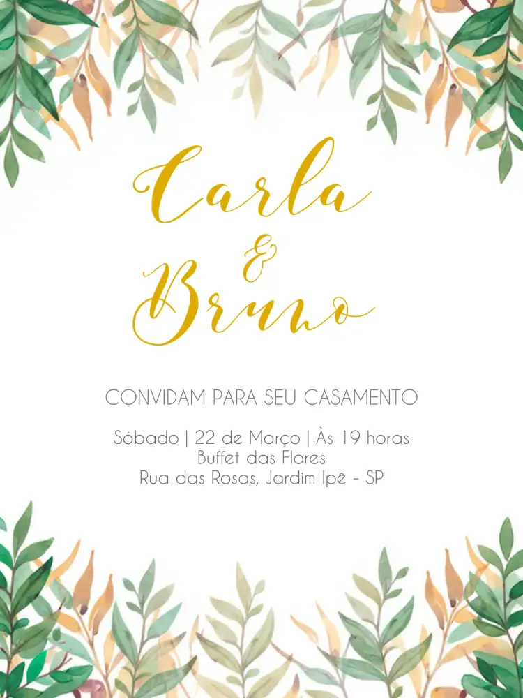 Convite Casamento Folhagem - Verde Branco – tema Casamento folhagem, minimalista, moderno, rústico, natural, elegante