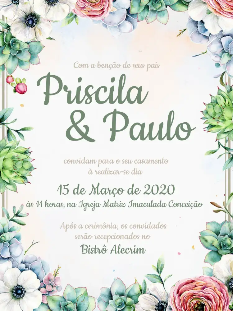 Convite Casamento Folhagem - Verde Cactos – tema Casamento verde, natural, rústico, minimalista, boho, floral