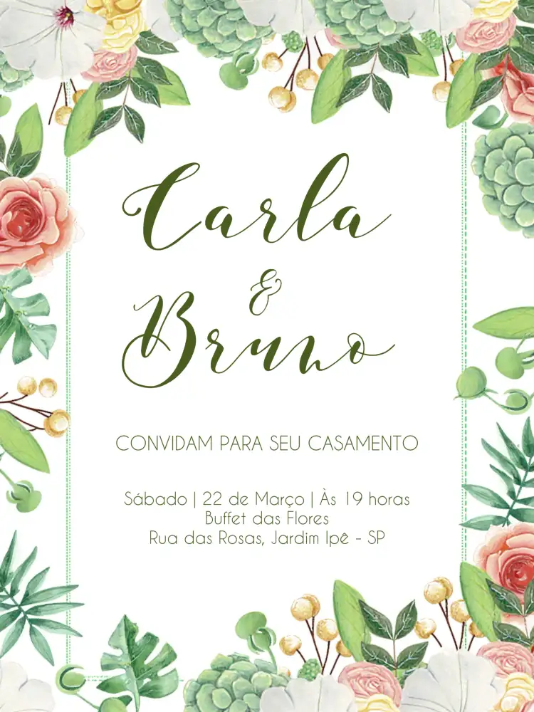 Convite Casamento Folhagens Folhas – tema Casamento campestre, elegante, natural, minimalista, verde e branco, rústico