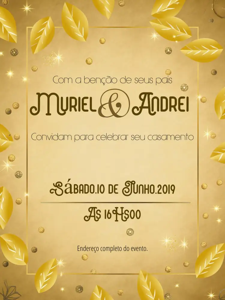 Convite Casamento Folhas Dourado – tema Casamento minimalista, dourado, elegante, moderno, sofisticado, natureza