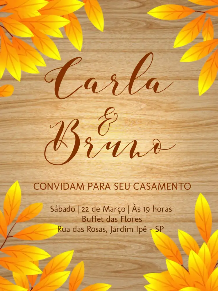 Convite Casamento Folhas Folhagem – tema Casamento folhas, rústico, elegante, amarelo, natural, minimalista