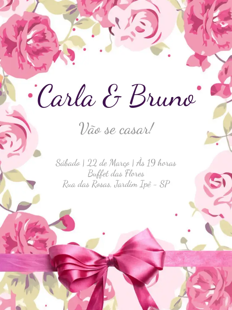 Convite Casamento Laço Floral - Rosa Flores – tema Casamento floral, romântico, elegante, suave, moderno, vintage