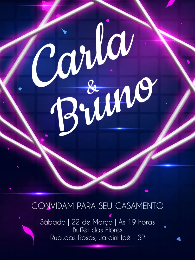 Convite Casamento Neon Azul – tema Casamento neon, moderno, noturno, vibrante, elegante