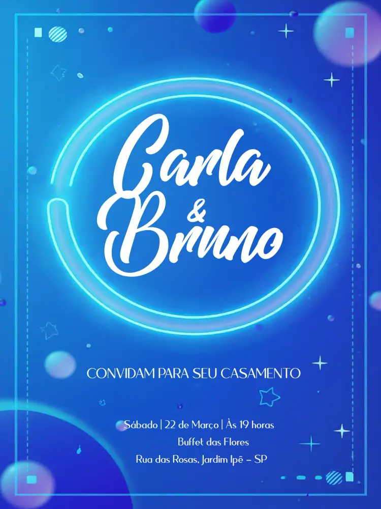 Convite Casamento Neon Azul – tema Casamento neon, moderno, azul, elegante, minimalista