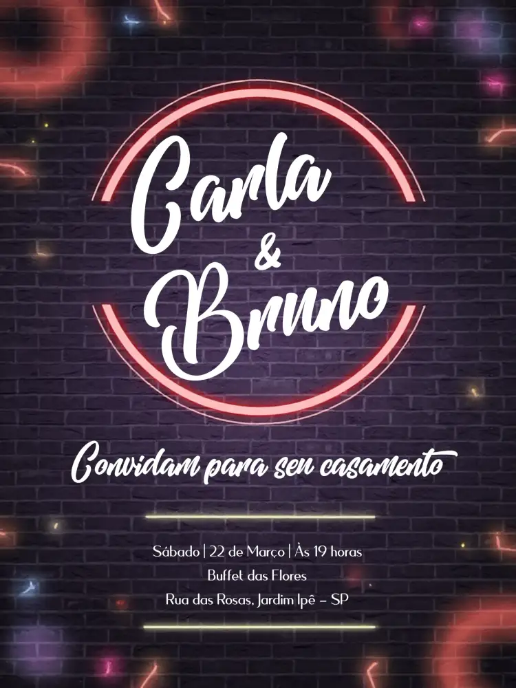 Convite Casamento Neon Led – tema Casamento neon, moderno, vibrante, elegante, iluminação LED, minimalista