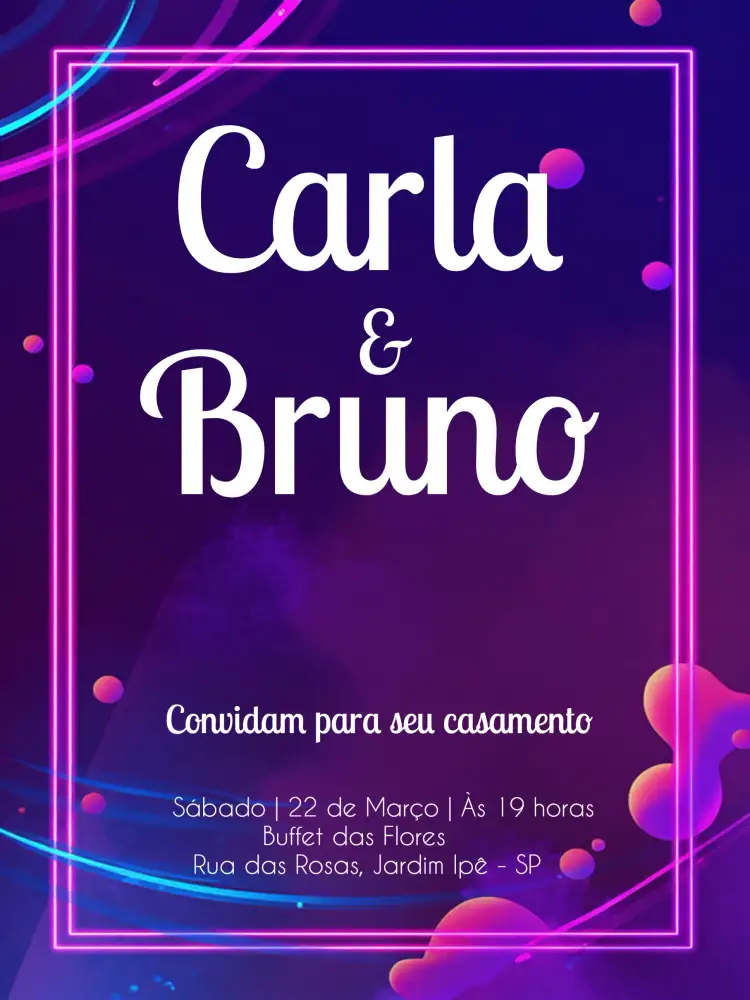 Convite Casamento Neon Lilás – tema Casamento neon, moderno, vibrante, lilás, roxo, iluminação LED