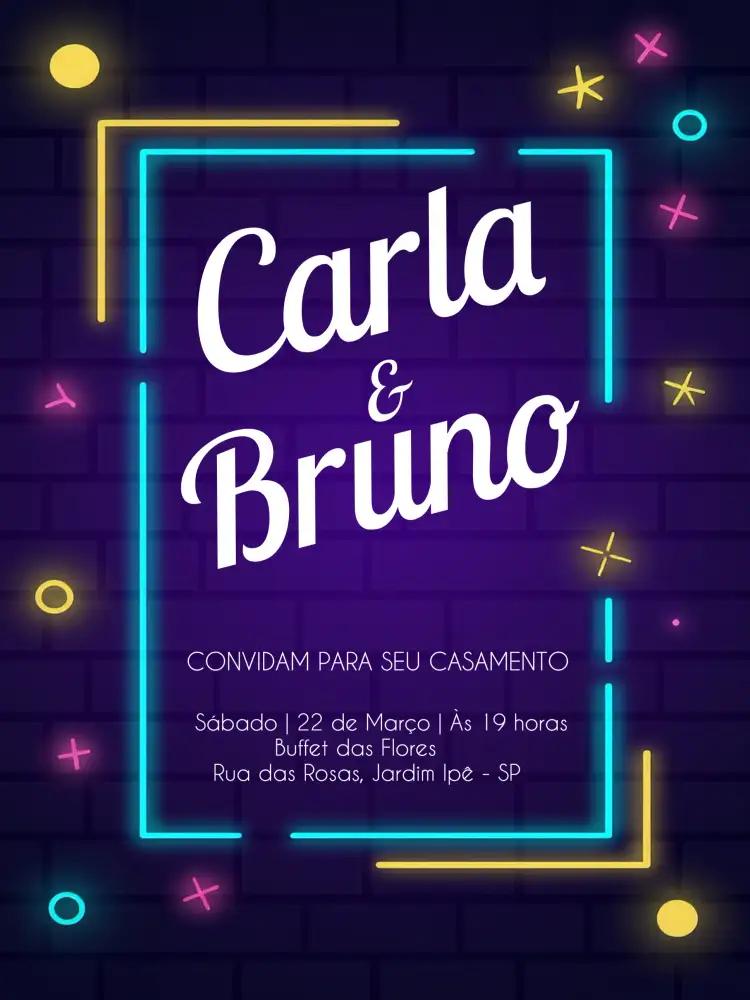 Convite Casamento Neon Lilás – tema Casamento neon, moderno, roxo, lilás, iluminação LED, estilo contemporâneo