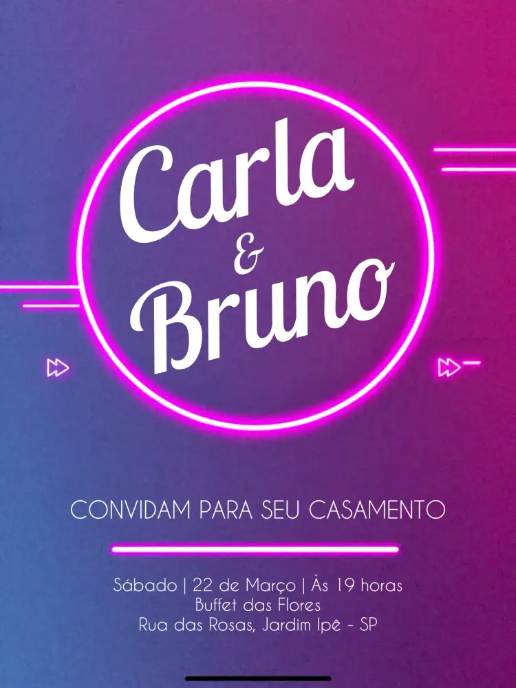 Convite Casamento Neon Roxo – tema Casamento neon, moderno, roxo, lilás, vibrante, estiloso