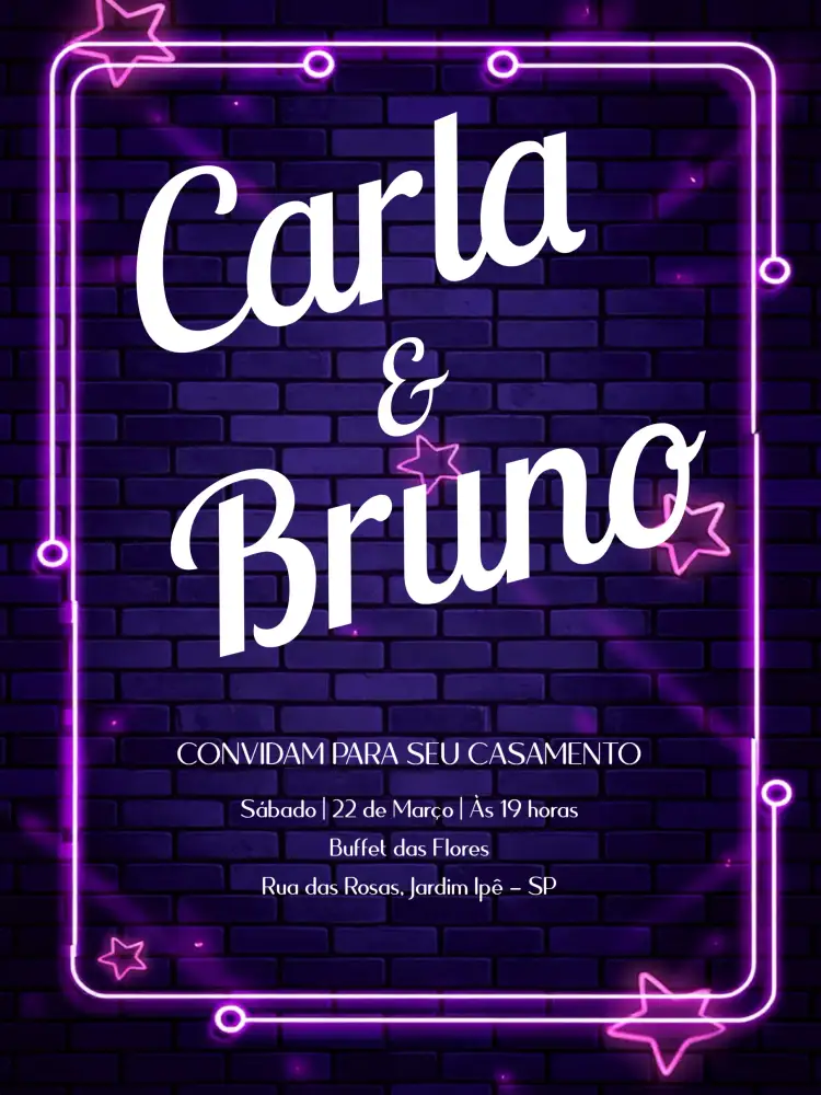 Convite Casamento Neon Roxo – tema Casamento neon, moderno, vibrante, elegante, colorido, festivo