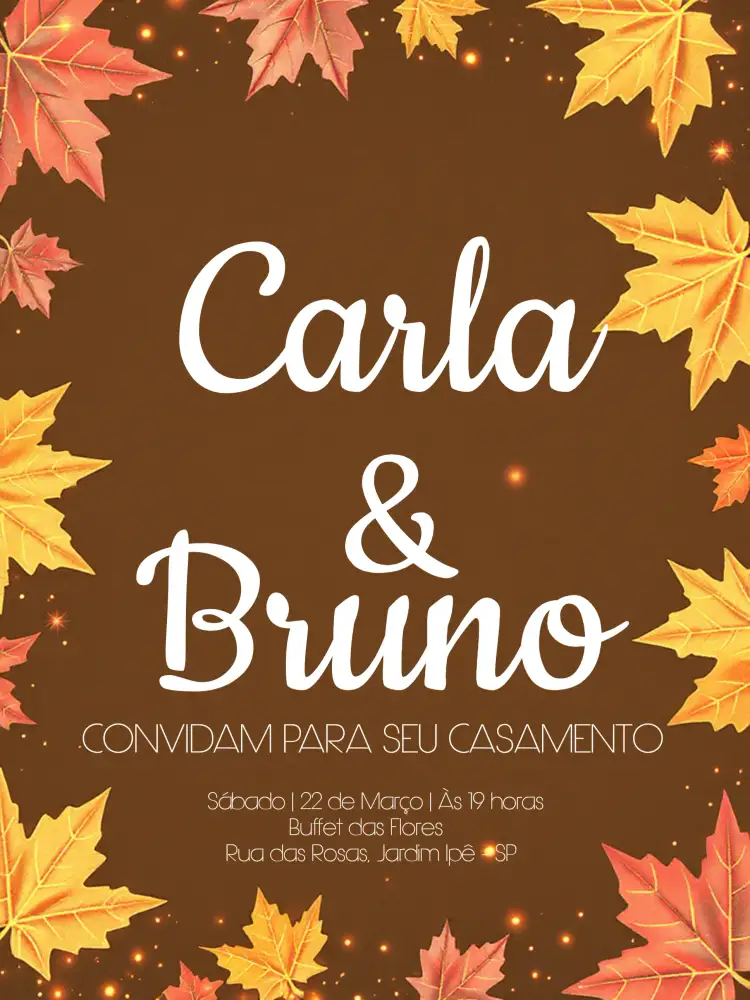 Convite Casamento Outono Outonal – tema Casamento outono, rústico, elegante, moderno, preto e laranja, minimalista