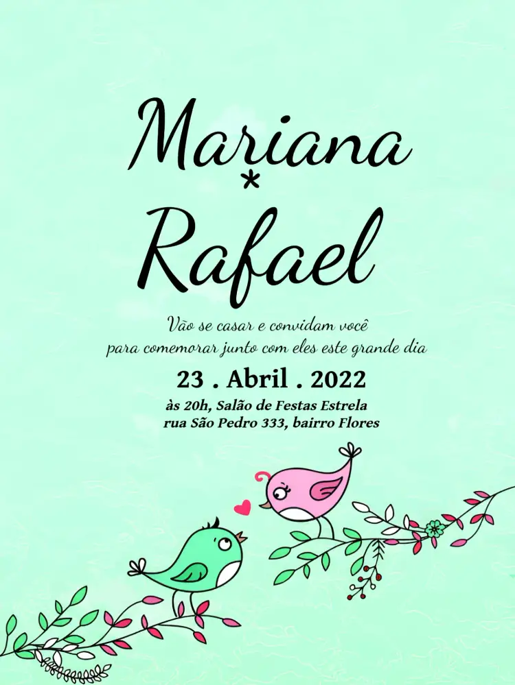 Convite Casamento Pássaros Passarinhos – tema Casamento floral, romântico, moderno, rústico, colorido, delicado