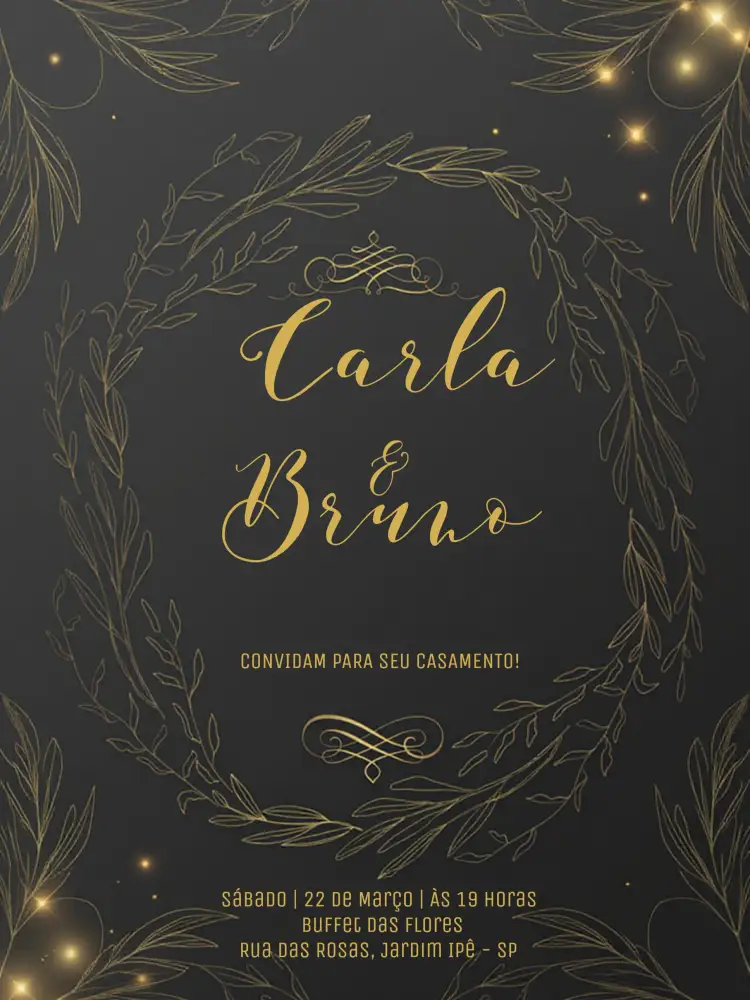 Convite Casamento Ramos Dourados – tema Casamento dourado, elegante, moderno, minimalista, romântico, floral