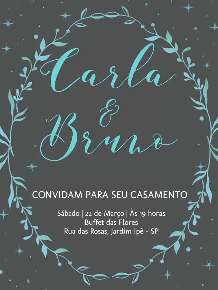 Convite Casamento Ramos Preto – tema Casamento floral, moderno, elegante, preto e verde, minimalista