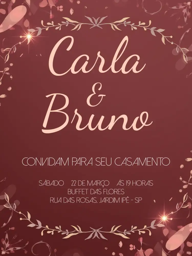 Convite Casamento Ramos Rosa – tema Casamento floral, romântico, elegante, suave, moderno