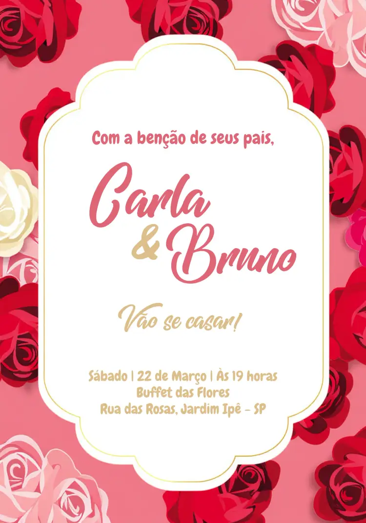 Convite Casamento Romântico Com Rosas Vermelhas