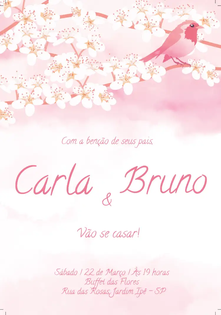 Convite Casamento Rosa - Flor E Pássaro Floral – tema Mais pesquisados floral, delicado, romântico, moderno, suave, elegante