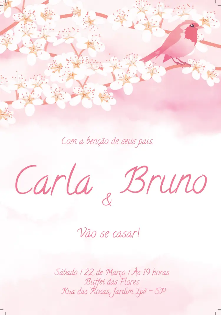 Convite Casamento Rosa - Flor E Pássaro Floral
