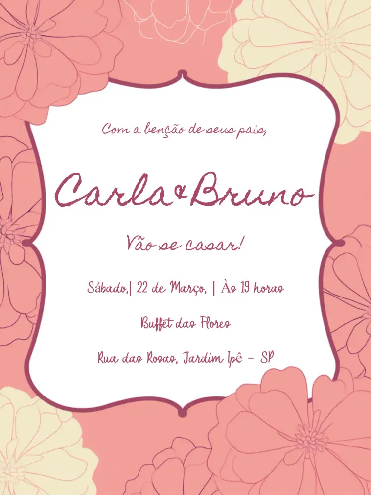 Convite Casamento Rosa Floral Flores
