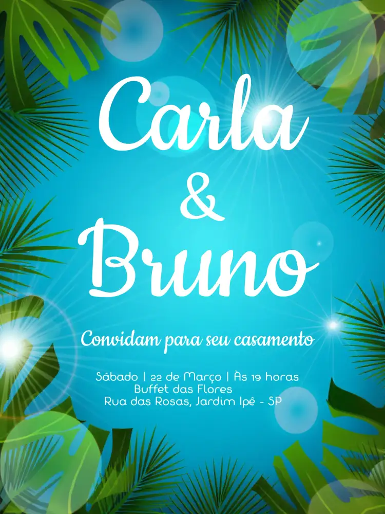 Convite Casamento Tropical Folhagem – tema Casamento tropical, folhagem, azul, moderno, descontraído