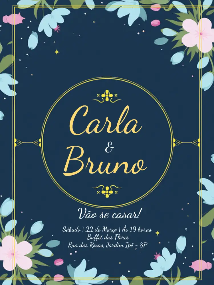 Convite Casamento Tulipas Floral Marinho – tema Casamento floral, elegante, moderno, romântico, azul marinho, minimalista
