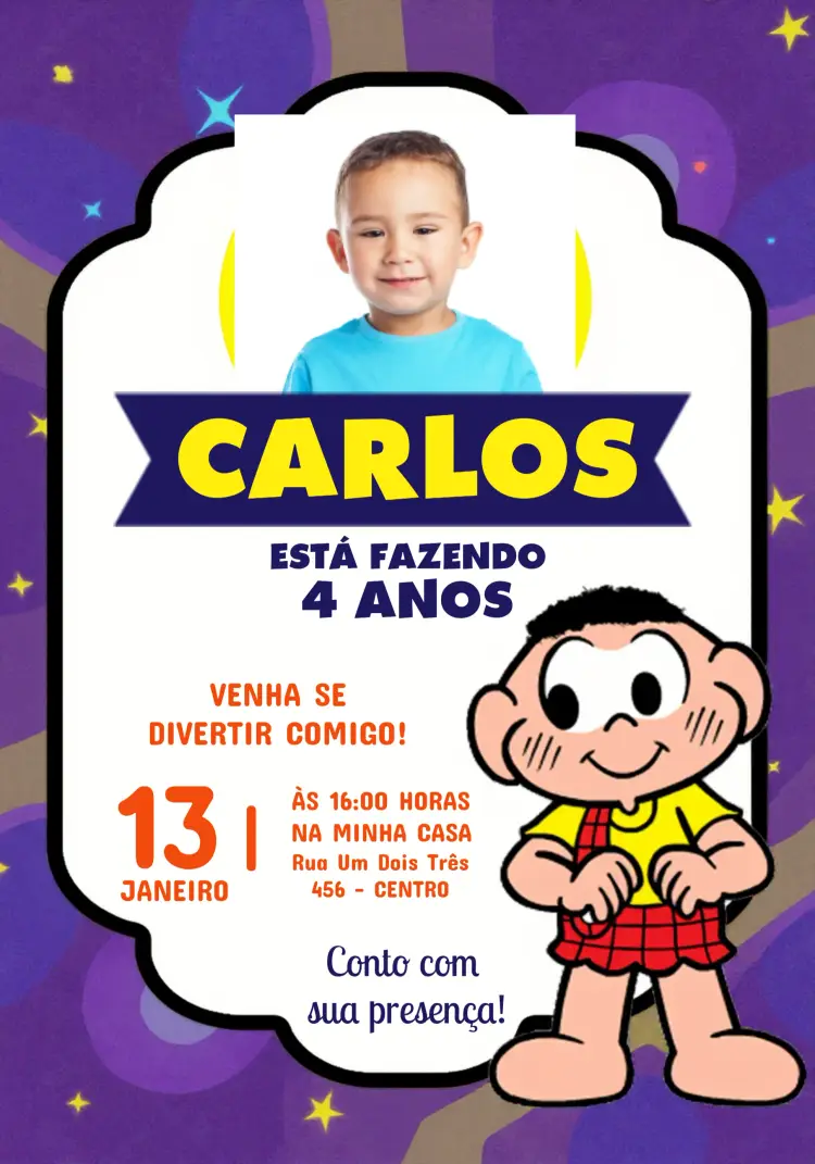Convite Cascão Turma Da Mônica Com Foto Turmadamonica editável e personalizável