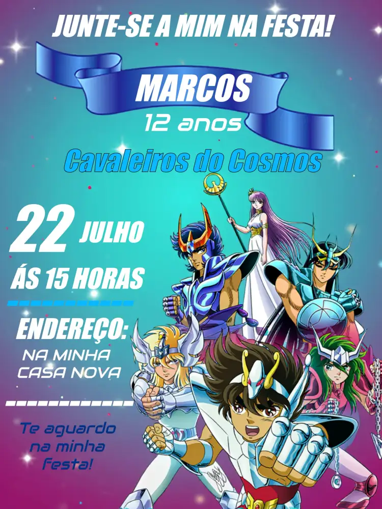 Convite Cavaleiros Do Zodíaco Anime – tema Aniversário Infantil azul, anime, temático, colorido, divertido