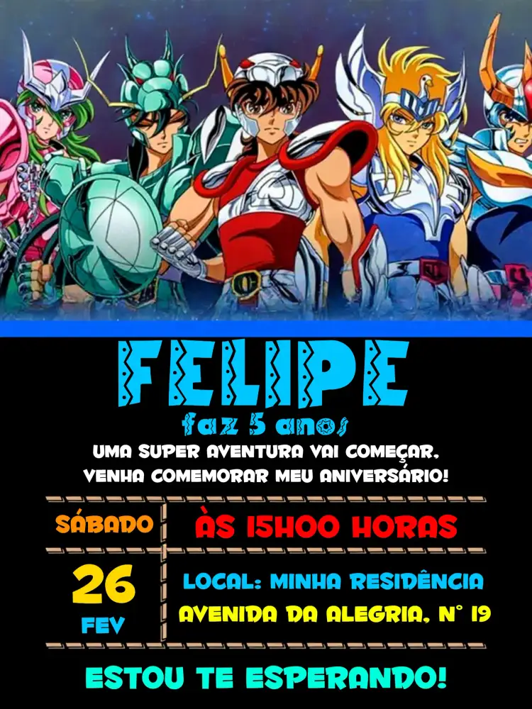 Convite Cavaleiros Dos Zodiáco Azul – tema Datas Comemorativas azul, moderno, temático, aventura, colorido