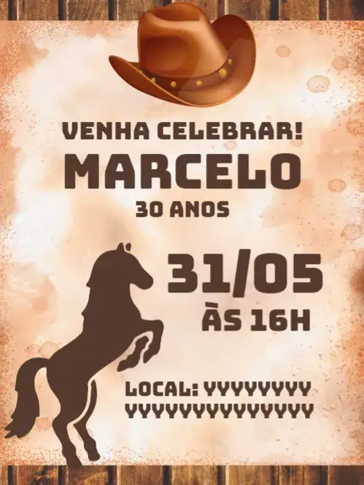 Convite Cavalo Cowboy Madeira – tema Aniversário rustico, country, madeira, cavalo, boiadeiro