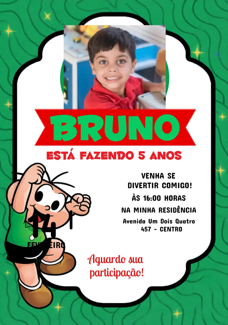 Convite Cebolinha Turma Da Mônica Com Foto Magali – tema Aniversário Infantil colorido, divertido, infantil, vibrante, personagens, alegre