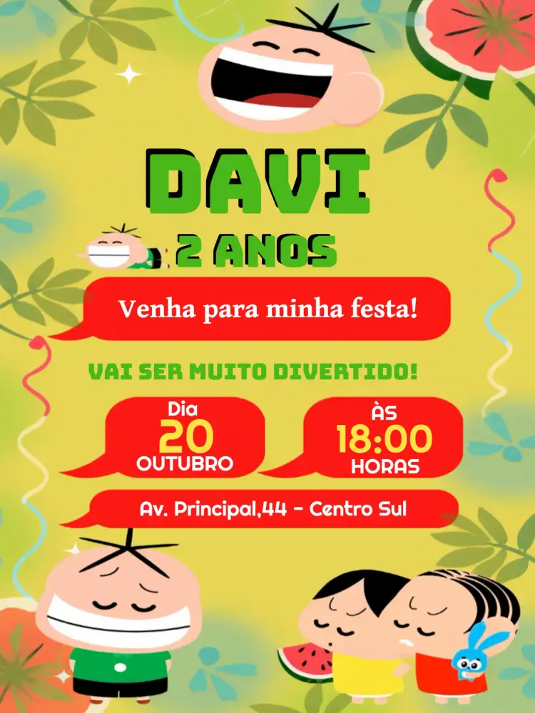 Convite Cebolinha Turma Da Mônica Laranja – tema Aniversário Infantil colorido, divertido, infantil, ilustrações, moderno
