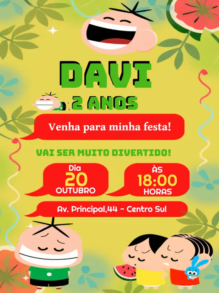 Convite Cebolinha Turma Da Mônica Laranja editável e personalizável