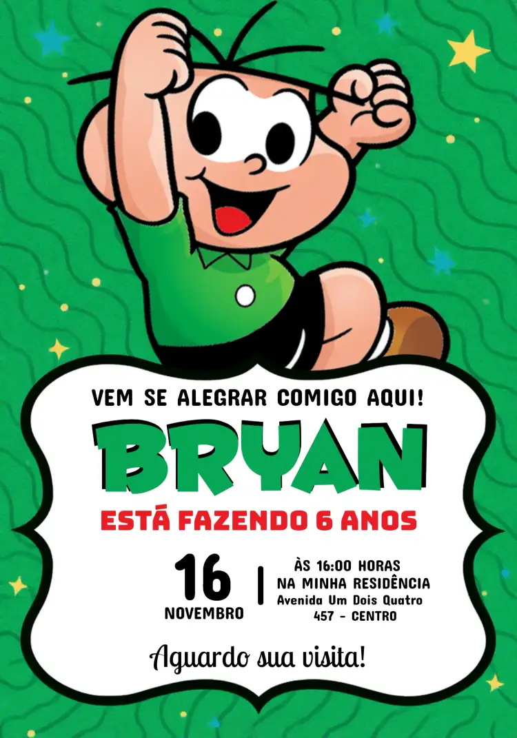 Convite Cebolinha Turma Da Mônica Turmadamonica – tema Aniversário Infantil colorido, divertido, ilustrações da Turma da Mônica, estilo cartoon, temática infantil