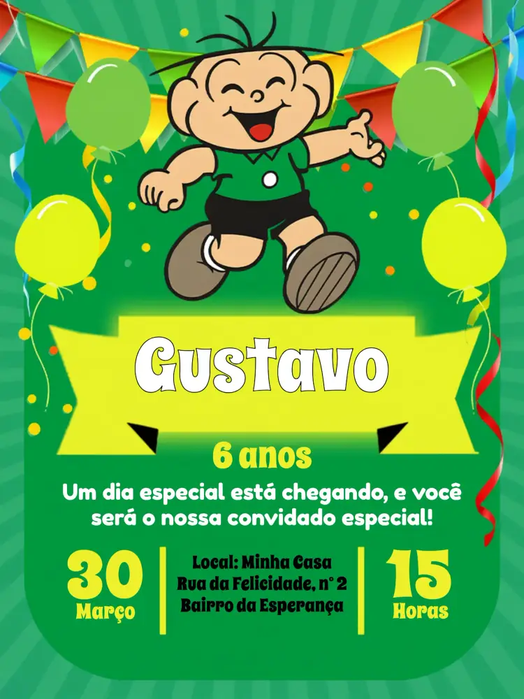 Convite Cebolinha Turma Da Mônica Verde editável e personalizável