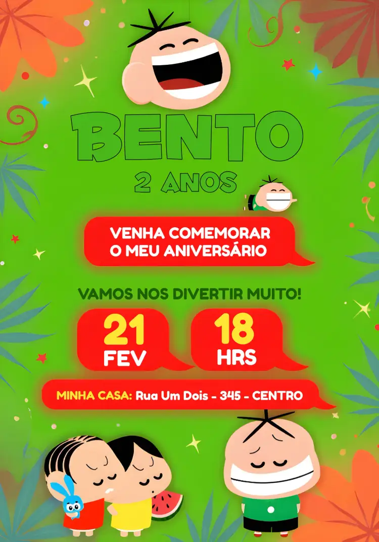 Convite Cebolinha Turma Da Mônica Verde – tema Aniversário Infantil divertido, colorido, infantil, animado, moderno