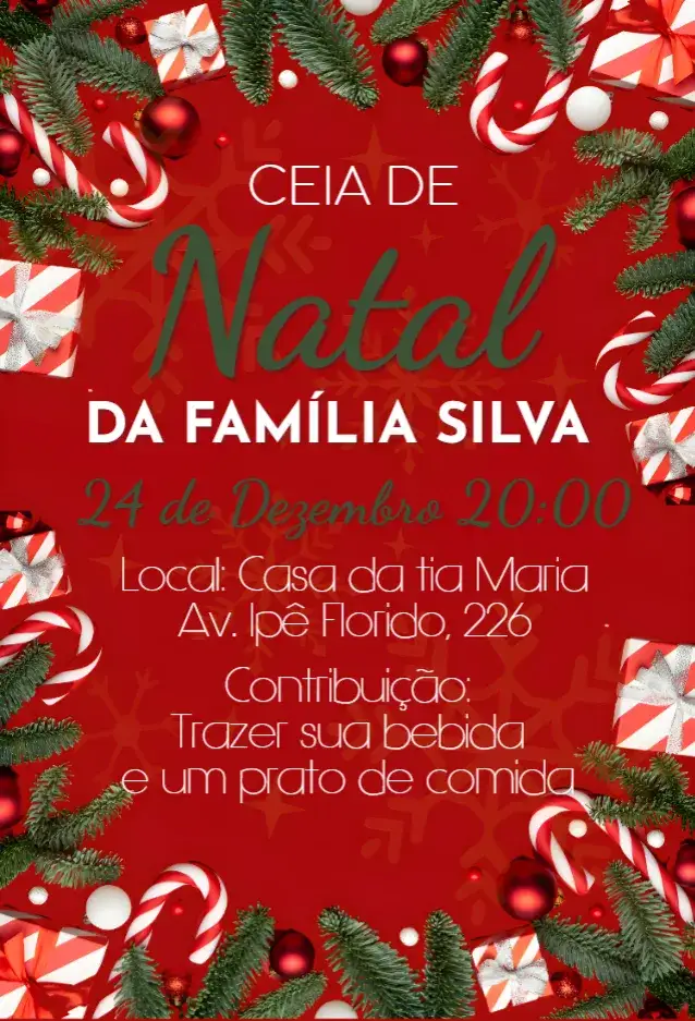 Convite Ceia de Natal – tema Mais pesquisados vermelho e verde, elementos natalinos, minimalista, vintage, moderno, festivo