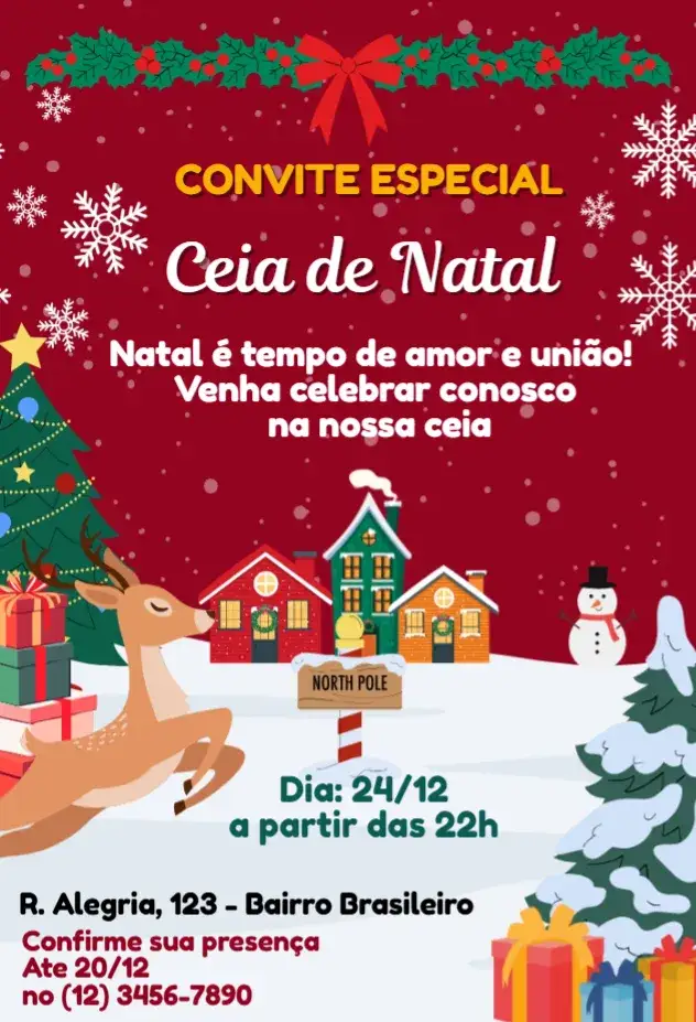 Convite Ceia de Natal – tema Datas Comemorativas vermelho e verde, dourado, floral, rústico, minimalista, vintage