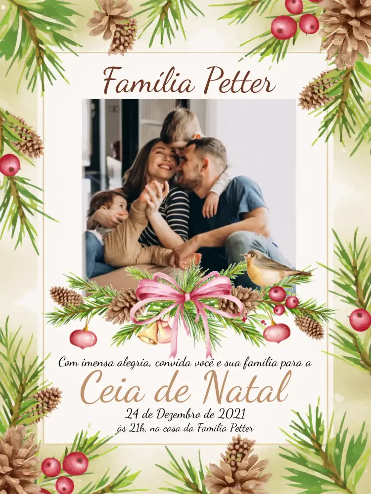 Convite Ceia De Natal Com Foto Pinhas – tema Datas Comemorativas rústico, natalino, moderno, aconchegante, natural