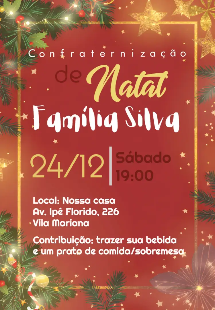 Convite Ceia De Natal Família – tema Datas Comemorativas colorido, festivo, natalino, familiar, alegre, clássico