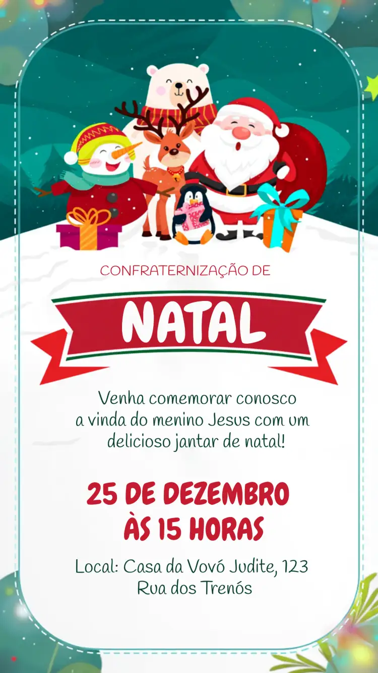 Convite Ceia De Natal Festejar – tema Datas Comemorativas festivo, neve, vintage, dourado, moderno, colorido