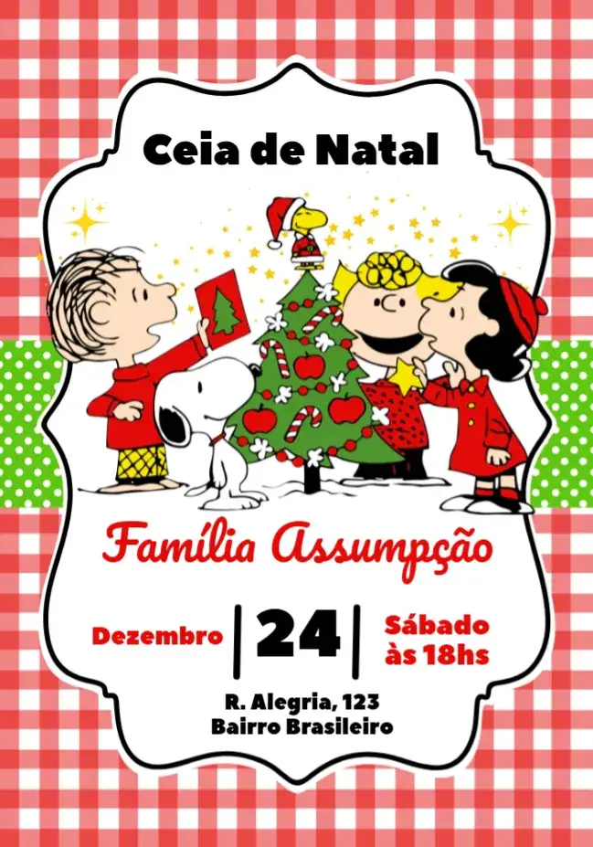 Convite Ceia De Natal Snoopy Christmas – tema Datas Comemorativas vermelho, divertido, ilustrações do Snoopy, natalino, lúdico, festivo