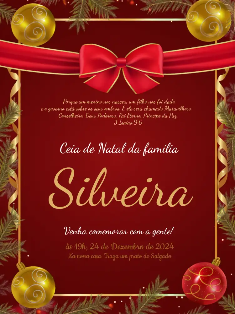 Convite Ceia De Natal Vermelho – tema Datas Comemorativas vermelho, dourado, natalino, festivo, moderno