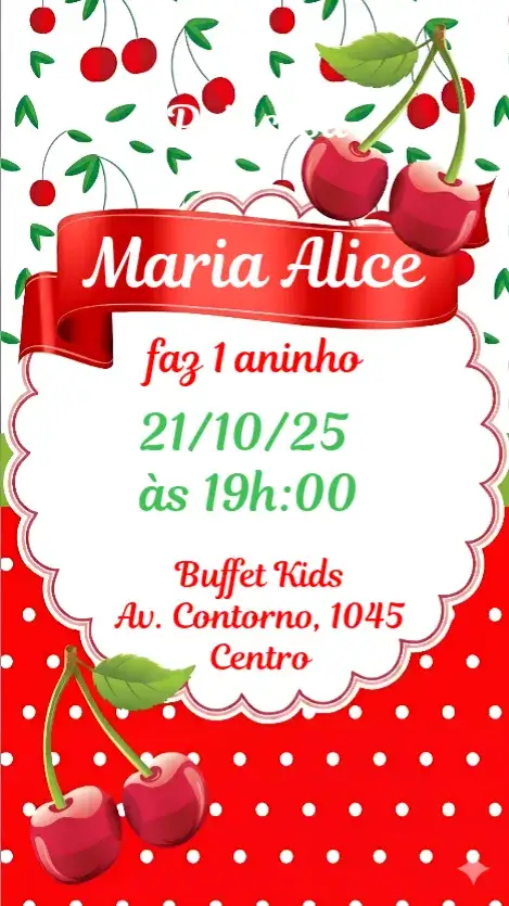 Convite Cereja do Bolo – tema Aniversário Infantil colorido, lúdico, divertido, doce, moderno