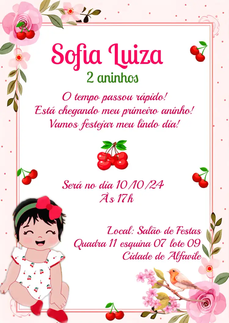 Convite Cereja Floral – tema Mais pesquisados floral, infantil, colorido, delicado, moderno, brincalhão