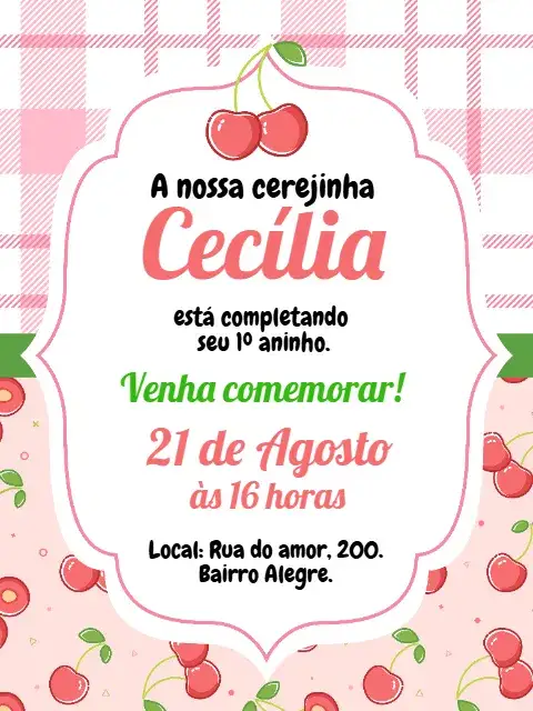 Convite Convite digital Cerejinha – tema Aniversário Infantil frutal, colorido, divertido, infantil, moderno
